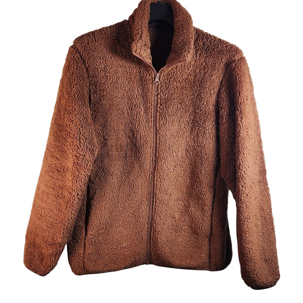 Uniqlo Textured Teddy Fleece Zip Up Jacket Rust Size Small